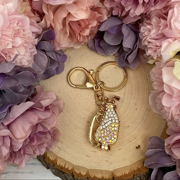 Silver & Iridescent Crystal Golf Bag Keychain Charm - Picture 7 of 16